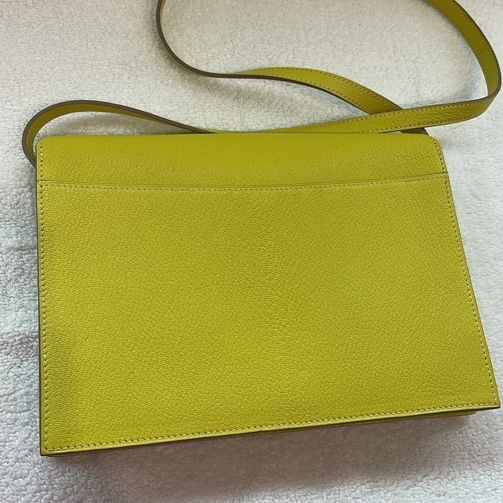 HERMES Faco II Chèvre Mysore Shoulder Bag Clutch Lemon Yellow - Picture 6 of 11